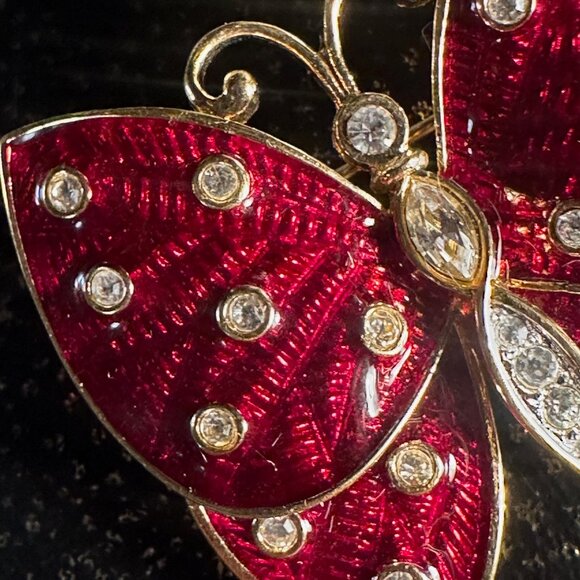 Vintage Judith Leiber, Swarovski Crystals Red Enamel, Gold Butterfly Brooch - Picture 2 of 9